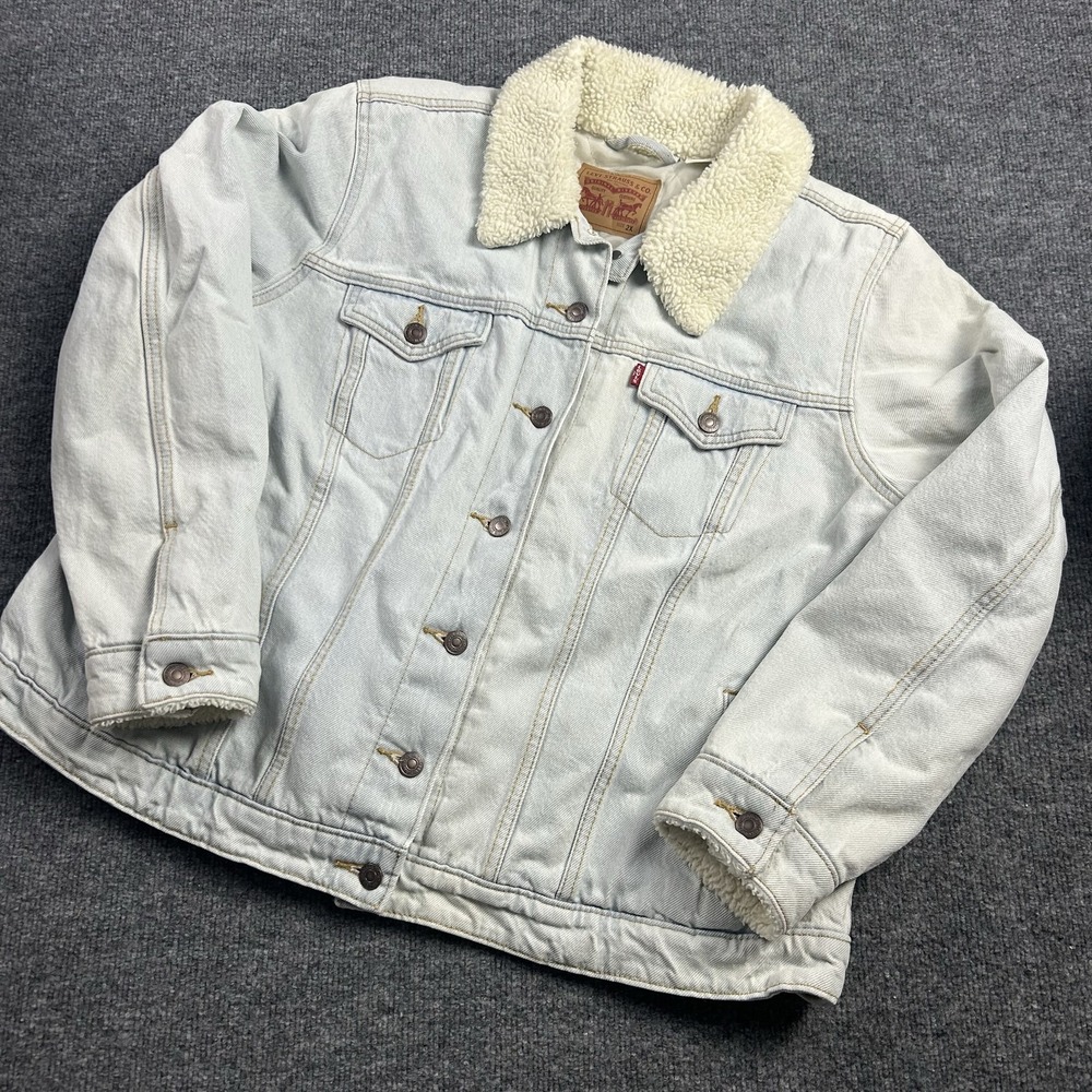 Levis Jacket Womens 2X Blue Denim Sherpa Lined Trucker Fleece Collar Warm